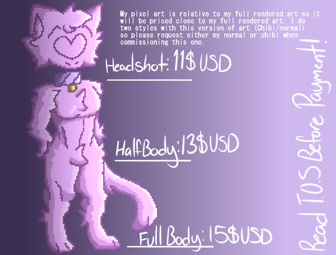 Pixel Art! Read T.O.S before paying! All characters used belong to me and are used here as examples.