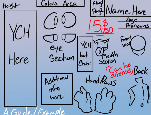 A guide or example to my Reference Sheet commissions! Always dm for completed examples! Read T.O.S before paying!